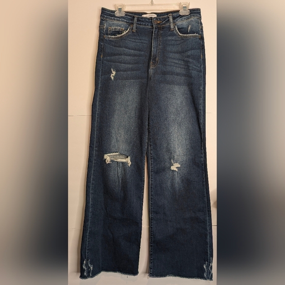 Flying Monkey Dark Blue Distressed High Rise Flare Jeans - Picture 1 of 13